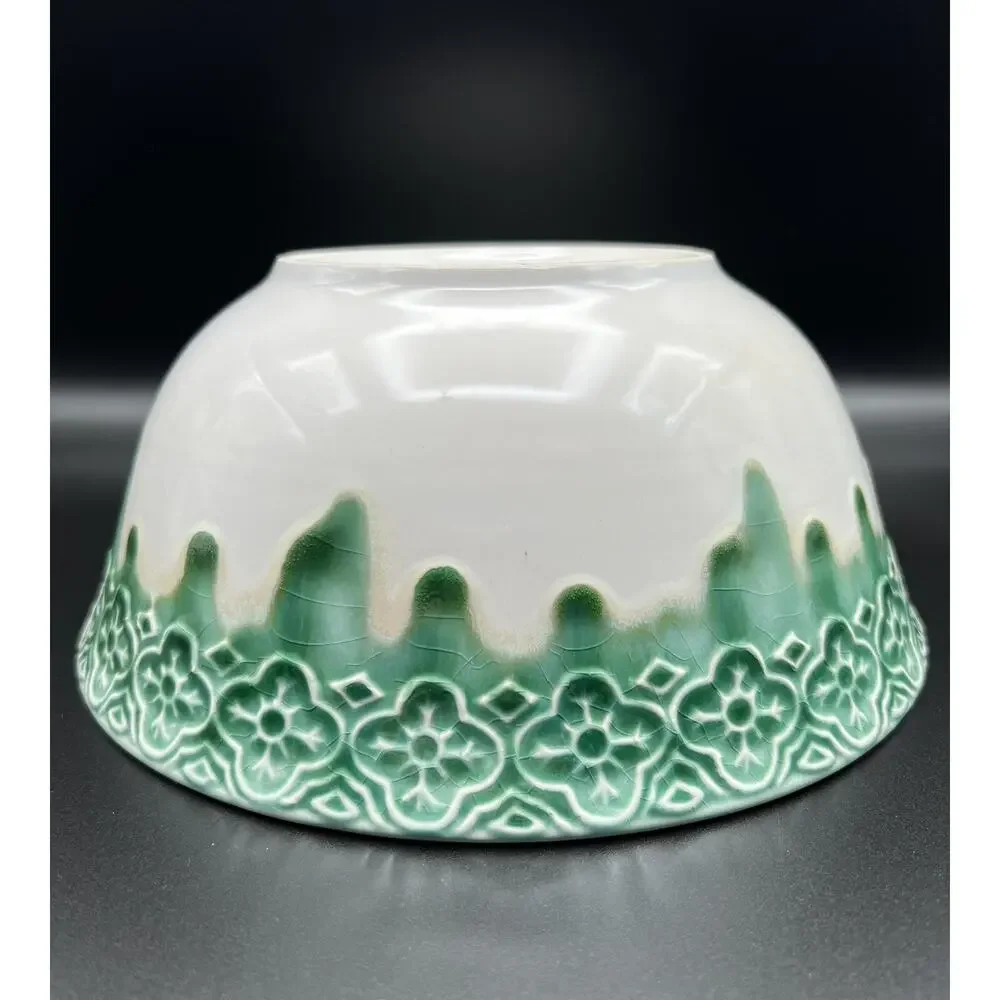 Pier 1 Imports Drip Glaze Stoneware Serving Mixing Bowl 9.5” Teal Green & White